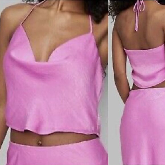 Wild Fable Womens Pink Cowlneck Cropped Y2K Satin Halter Blouse Size Large - Picture 1 of 7